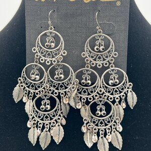 Cookie Lee Feathered Chandelier Earrings Silver-Tone With Leaf & Filigree Design